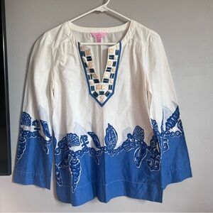 Lilly Pulitizer Beaded Shell Print Blouse Cotton S Blue White S Coastal Nautical
